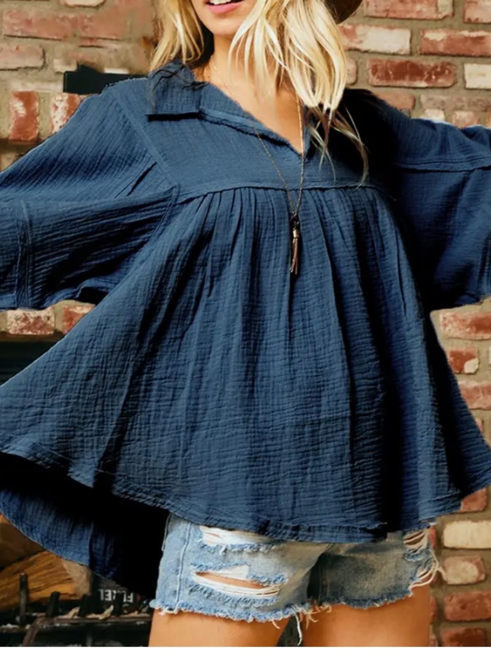Ces Femme Navy Gauze Peasant Tunic
